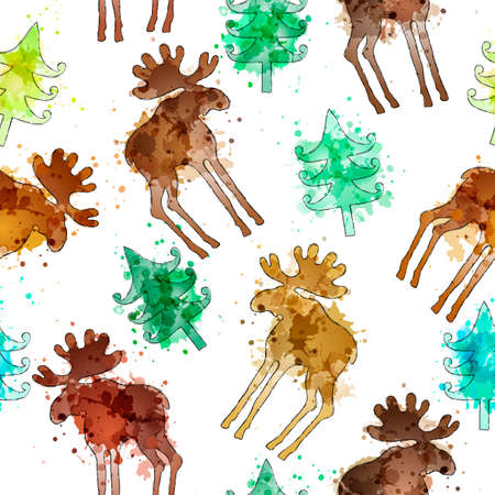 Seamless background with hand-drawn silhouettes of elk and fir-tree.  Vector imitation of watercolor texture. Perfect for Christmas and New Year greetings, invitations, wrapping paper, textile, web design.のイラスト素材
