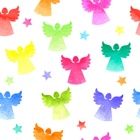 Seamless background with colorful silhouettes of angels and stars on watercolor texture. Perfect for Christmas and New Year greetings, invitations, wrapping paper, textile, web design.のイラスト素材