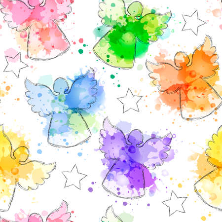 Seamless background with hand drawn silhouettes of angels and stars. Vector imitation of watercolor texture. Perfect for Christmas and New Year greetings, invitations, wrapping paper, textile, web design.のイラスト素材