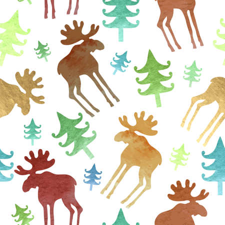 Seamless background with silhouettes of elk and fir-tree.  Vector imitation of watercolor texture. Perfect for Christmas and New Year greetings, invitations, wrapping paper, textile, web design.のイラスト素材