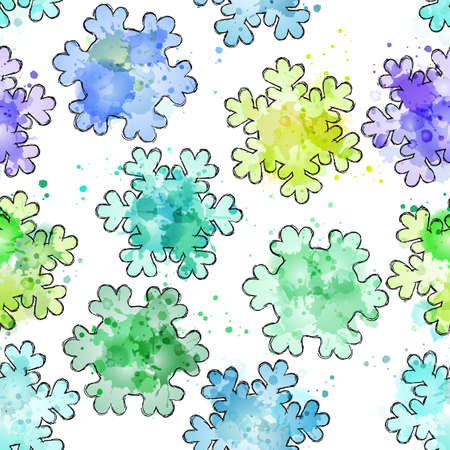 Seamless background with hand-drawn silhouettes of snowflakes.  Vector imitation of watercolor texture. Perfect for Christmas and New Year greetings, invitations, wrapping paper, textile, web design.のイラスト素材