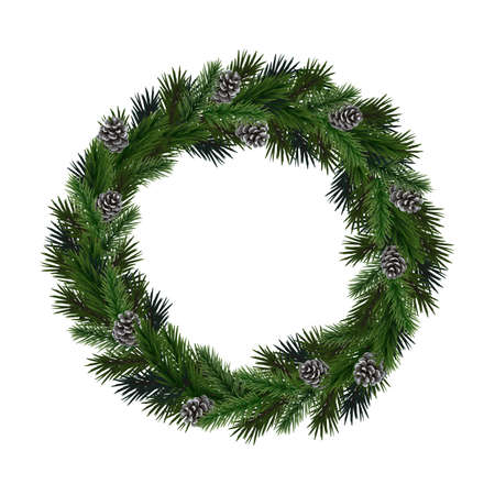 Realistic wreath of fir branches with  pine cones. Vector illustration for Christmas and New Year design.のイラスト素材