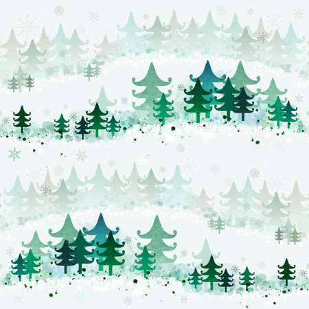 Seamles background with winter landscape. Snowy forest. Vector imitation of watercolor texture. Perfect for Christmas and New Year greetings, invitations, wrapping paper, textile, web design.のイラスト素材