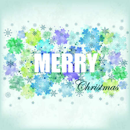 Merry Christmas Greeting Card with snowflakes. Vector imitation of watercolor texture. Place for text. Illustration for Christmas and New Year design.のイラスト素材
