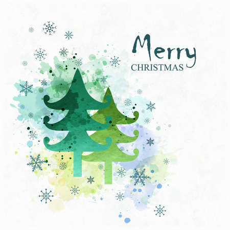 Merry Christmas Greeting Card with fir trees. Vector imitation of watercolor texture. Place for text. Illustration for Christmas and New Year design.のイラスト素材