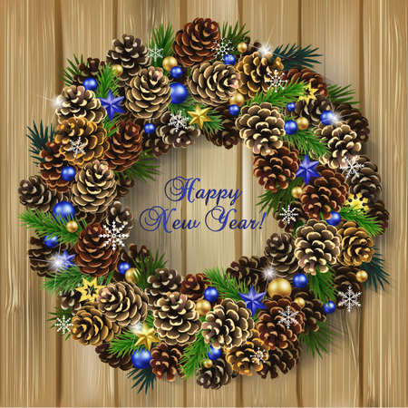 Card for the winter holidays with a realistic wreath of fir cones, fir branches and beads on wood background. Place for text. Christmas and New Year design.のイラスト素材