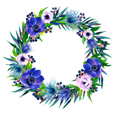 Floral  frame with colorful watercolor boho bouquet. Hand painted anemones, grapes, branches.Perfect for greetings, invitations, announcement, web designのイラスト素材