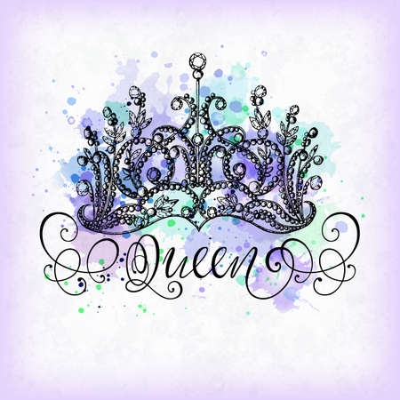 Elegant hand-drawn Queen crown with lettering. Imitation of watercolor spots and splashes. Perfect for thematic banners, announcement, web design.のイラスト素材