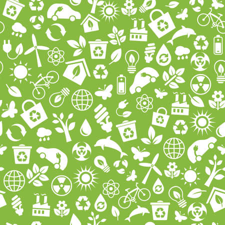 Seamless pattern with vector Eco Icons in flat style. Ecology, Nature, Energy, Environment and Recycle Icons. White icons on green background for your design.のイラスト素材