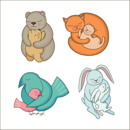 Set of hand drawn Baby and Mommy Animals isolated on white. Mother's hugs. Cute bears, cats, rabbits and birds - moms and kids.のイラスト素材