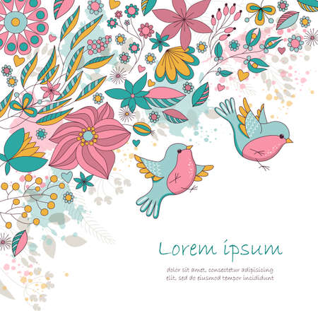 Vector card with flowers and birds. Cute floral background. Romantic card. Perfect for greetings, invitations, announcement, wedding design.のイラスト素材