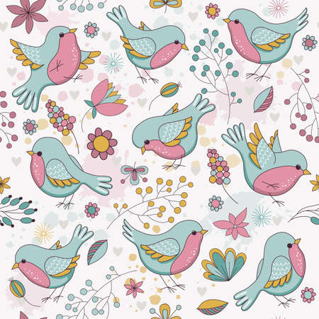 Vector seamless floral pattern with birds. Childish illustration  in cartoon style. Perfect for invitations, wallpapers, manufacture wrapping paper, textile, web design.のイラスト素材