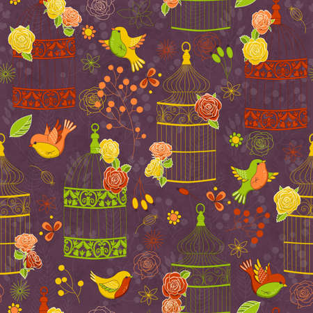 Vector seamless pattern with birds, birdcages and flowers. Colorful illustration on dark background. Perfect for invitations, wallpapers, manufacture wrapping paper, textile, wedding and web design.のイラスト素材