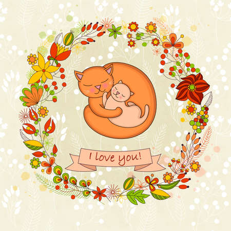 Vector cute card  for Happy mothers day. Background with floral wreath and Mother's hugs. Cute cats - mom and kitten.のイラスト素材