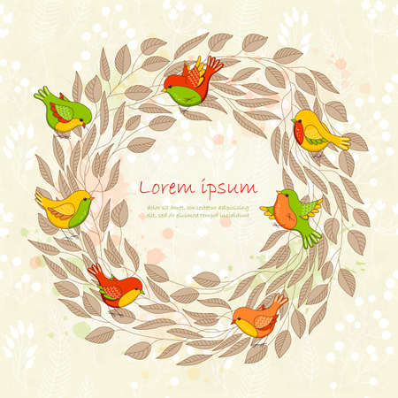Vector spring card with floral wreath and birds. Romantic floral frame with place for you text. Perfect for greetings, invitations, announcement, wedding design.のイラスト素材