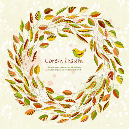 Vector colorful card with floral wreath and bird. Romantic floral frame with place for you text. Perfect for greetings, invitations, announcement, wedding design.のイラスト素材