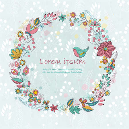 Vector cute card with floral wreath and bird. Romantic floral frame with place for you text. Perfect for greetings, invitations, announcement, wedding design.のイラスト素材