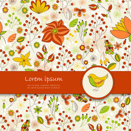 Vector colorful card with floral pattern, ribbon and bird. Place for your text. Perfect for greetings, invitations, announcements, wedding design.のイラスト素材