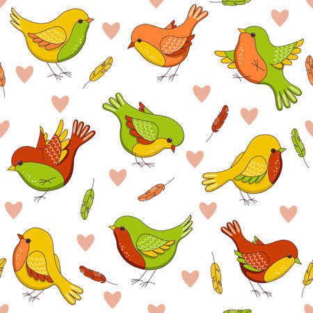 Vector seamless pattern with birds, hearts and feathers. Childish illustration  in cartoon style. Perfect for invitations, wallpapers, manufacture wrapping paper, textile, web design.のイラスト素材