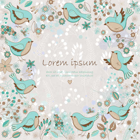 Vector cute card with floral frame and birds. Place for your text. Perfect for greetings, invitations, announcements, wedding and web design.のイラスト素材