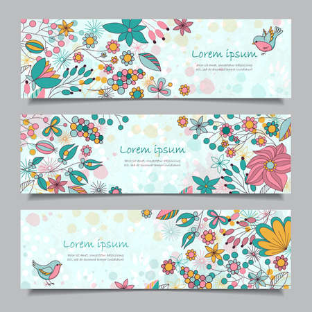 Set of three  horizontal banners with floral pattern and birds. Banners with place for your text, isolated on gray background. Vector illustration for your design.のイラスト素材
