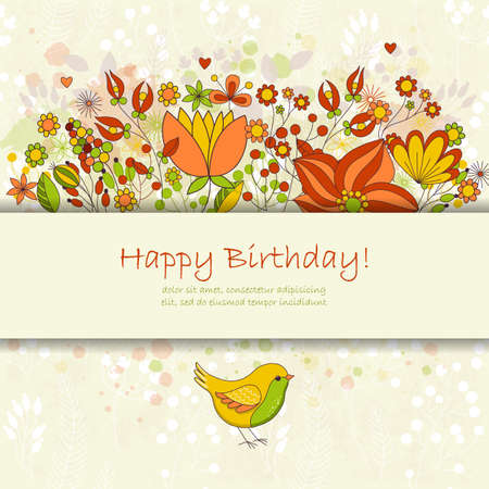 Happy birthday greeting card with flowers and bird.  Cute colorful floral party invitation.のイラスト素材