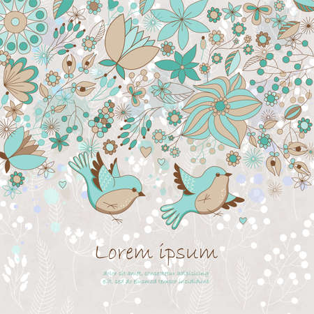 Vector card with flowers and birds. Cute floral background. Romantic card. Perfect for greetings, invitations, announcement, wedding design.のイラスト素材