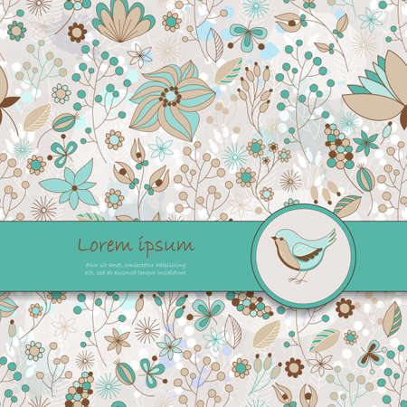 Vector card with floral pattern, ribbon and bird. Place for your text. Perfect for greetings, invitations, announcements, wedding design.のイラスト素材