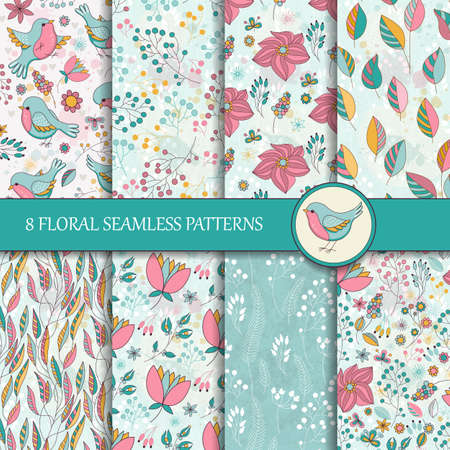Set of 8 seamless floral patterns. Vector illustration with flowers and birds. Perfect for greetings, invitations, manufacture wrapping paper, textile, web design.のイラスト素材