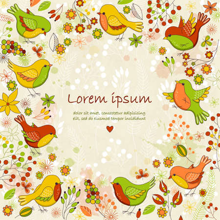 Vector cute card with floral frame and birds. Place for your text. Perfect for greetings, invitations, announcements, wedding and web design.のイラスト素材