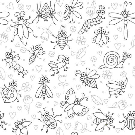 Seamless background with funny cartoon insects. Silhouettes of fly, butterfly, dragonfly, snail, beetle, caterpillar, ant, spider, ladybug, grasshopper, bee, mosquito. Childish illustration in cartoon style.のイラスト素材
