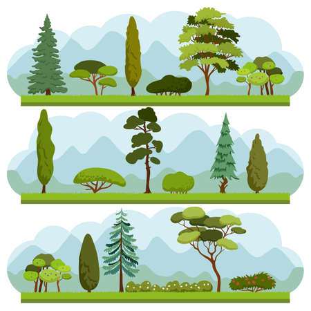 Set of different Trees and Bushes. Collection of various types and forms of trees and bushes. Ecology vector background concept.のイラスト素材