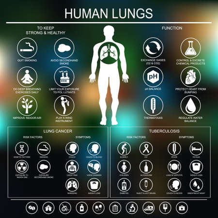 Medical infographics. Lungs function and health. Lung cancer and tuberculosis: risk factors and symptoms. Vector illustration.のイラスト素材