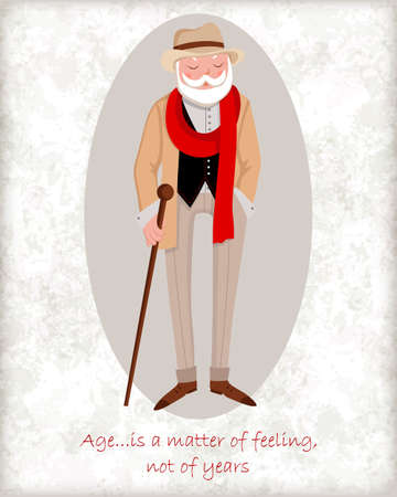 Vector card with stylish gray-haired old man. Elegant grandfather with a beard, hat, scarf and cane. Wise quote of age. Perfect for greetings, congratulations or designのイラスト素材