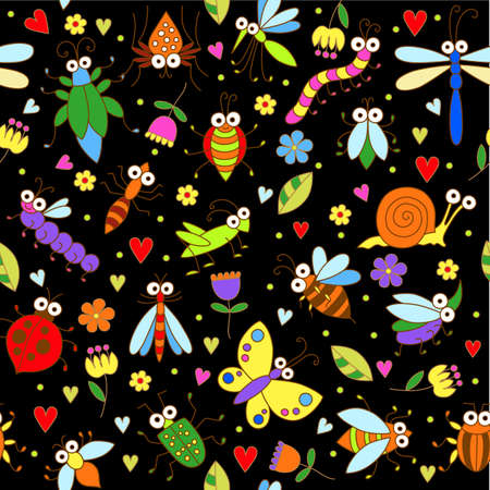 Seamless background with funny cartoon insects. Cute fly, butterfly, dragonfly, snail, beetle, caterpillar, ant, spider, ladybug, grasshopper, bee, mosquito. Childish illustration  in cartoon style.のイラスト素材