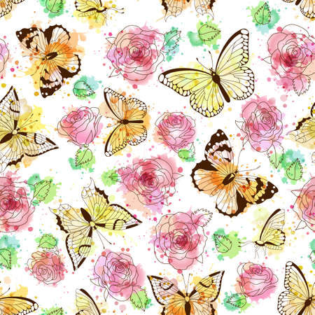 Seamless pattern with silhouettes of butterflies and roses. Vector imitation of watercolor spots. Hand drawn vector illustration. Perfect for greetings, invitations, manufacture wrapping paper, textile, wedding and web design.のイラスト素材