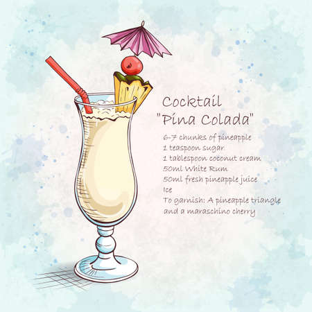 Cocktail Pina Colada. A sweet tropical cocktail. A delicious and refreshing Summer drink. Detailed recipe. Hand drawn vector illustration.のイラスト素材