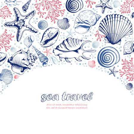 Vector Poster with seashells, corals and starfishes. Marine background. Travel Template. Hand drawn vector illustration in sketch style.のイラスト素材
