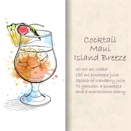 Cocktail Maui Island Breeze. A beach cocktail with perfect amount of sweet and tart flavor. Booklet with detailed recipe. Hand drawn vector illustration.のイラスト素材