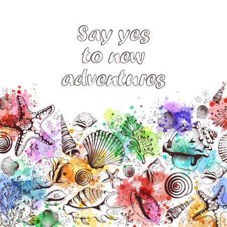Poster with seashells, corals and starfishes. Imitation of watercolor spots. Travel Template. Hand drawn vector illustration in sketch style.のイラスト素材