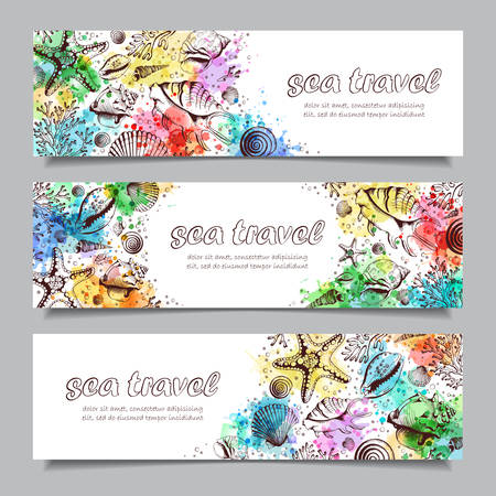 Set of three horizontal banners with seashells, corals and starfishes. Travel Template. Vector banners with place for your text. Marine background with watercolor spots.のイラスト素材
