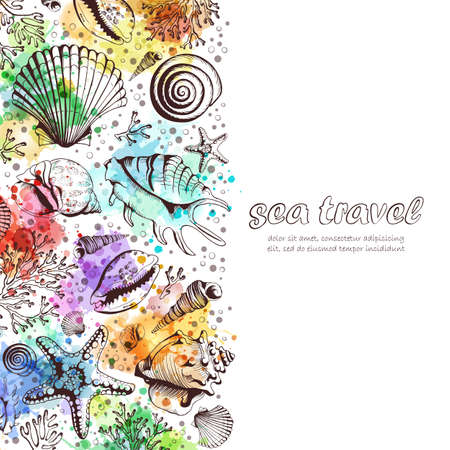 Vector poster with seashells, corals and starfishes. Marine background with watercolor spots. Travel Template. Illustration in sketch style. Perfect for greetings, invitations, wedding and web design.のイラスト素材