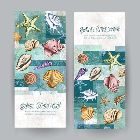 Set of two vertical banners with seashells, corals and starfishes. Travel Template. Vector colorful layered illustration in sketch style. Place for your text. Marine background.のイラスト素材