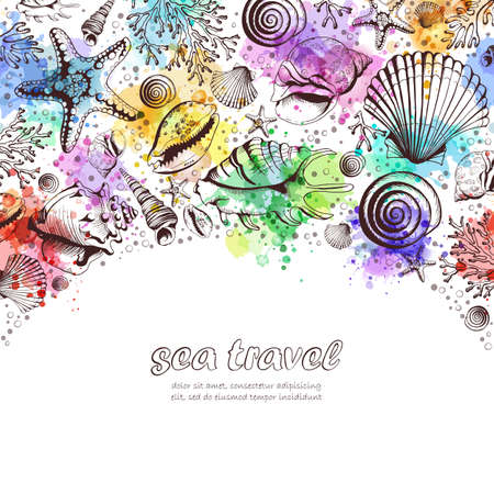 Vector Poster with seashells, corals and starfishes. Imitation of watercolor spots. Travel Template. Hand drawn vector illustration in sketch style.のイラスト素材