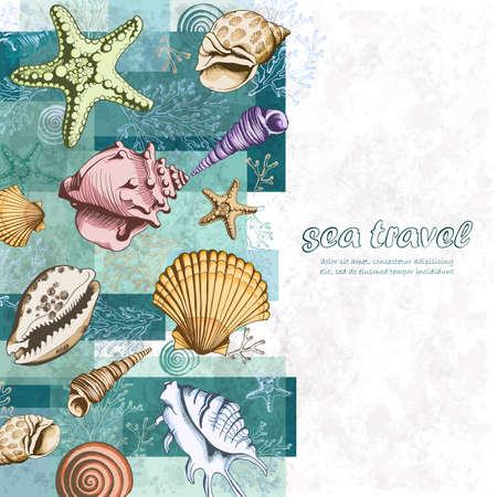 Vector poster with seashells, corals and starfishes. Marine background. Travel Template. Colorful layered illustration in sketch style. Perfect for greetings, invitations, wedding and web design.のイラスト素材