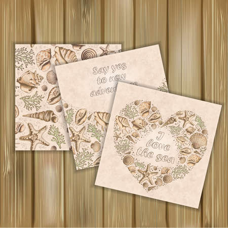 Set of banners with vintage Marine pattern and posters. Seashells, corals and starfishes. Hand drawn vector illustration in sketch style on wood background. Use for invitations and design.のイラスト素材