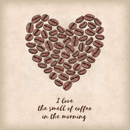 card with heart made of coffee beans. Shape of heart. I love the smell of coffee in the morning.のイラスト素材