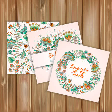 Set of banners with floral pattern and two cute card on wood background. Perfect for greetings, invitations, manufacture wrapping paper, textile, wedding and web design.のイラスト素材