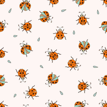Seamless cute pattern with ladybugs. Hand drawn pattern. Perfect for greetings, invitations, manufacture wrapping paper, textile, wedding and web design.のイラスト素材