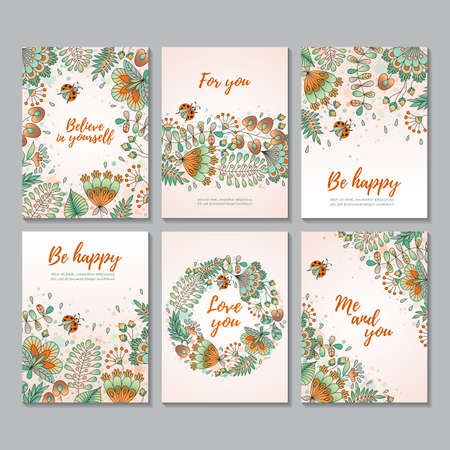 Set of six vector vertical cards with flowers and ladybugs. Sketch style. Card templates. Perfect for invitation, mothers day, valentines day, birthday cards, baby shower, wedding and web design.のイラスト素材
